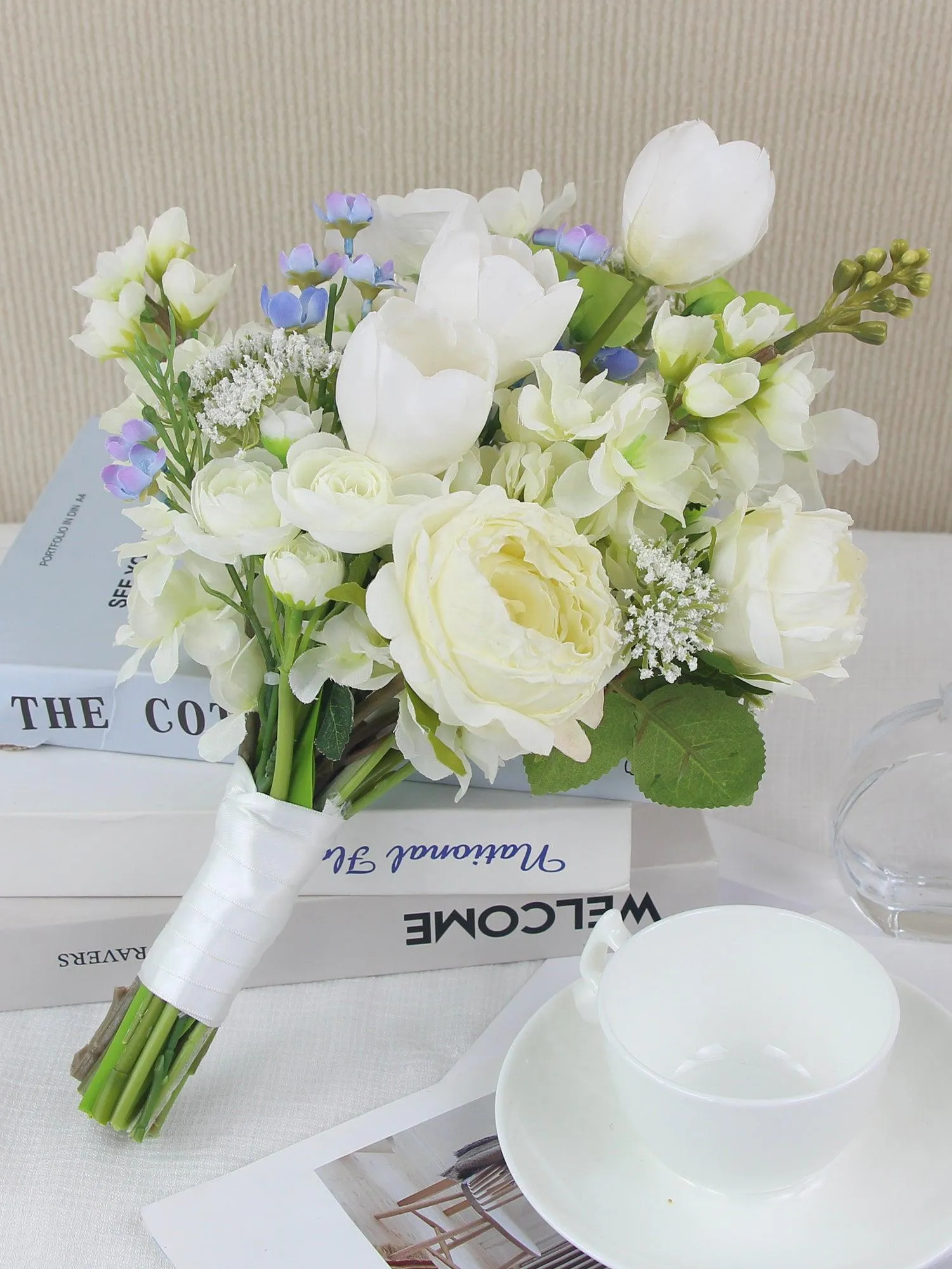 11 inch wide White & Blue Bridal Bouquet