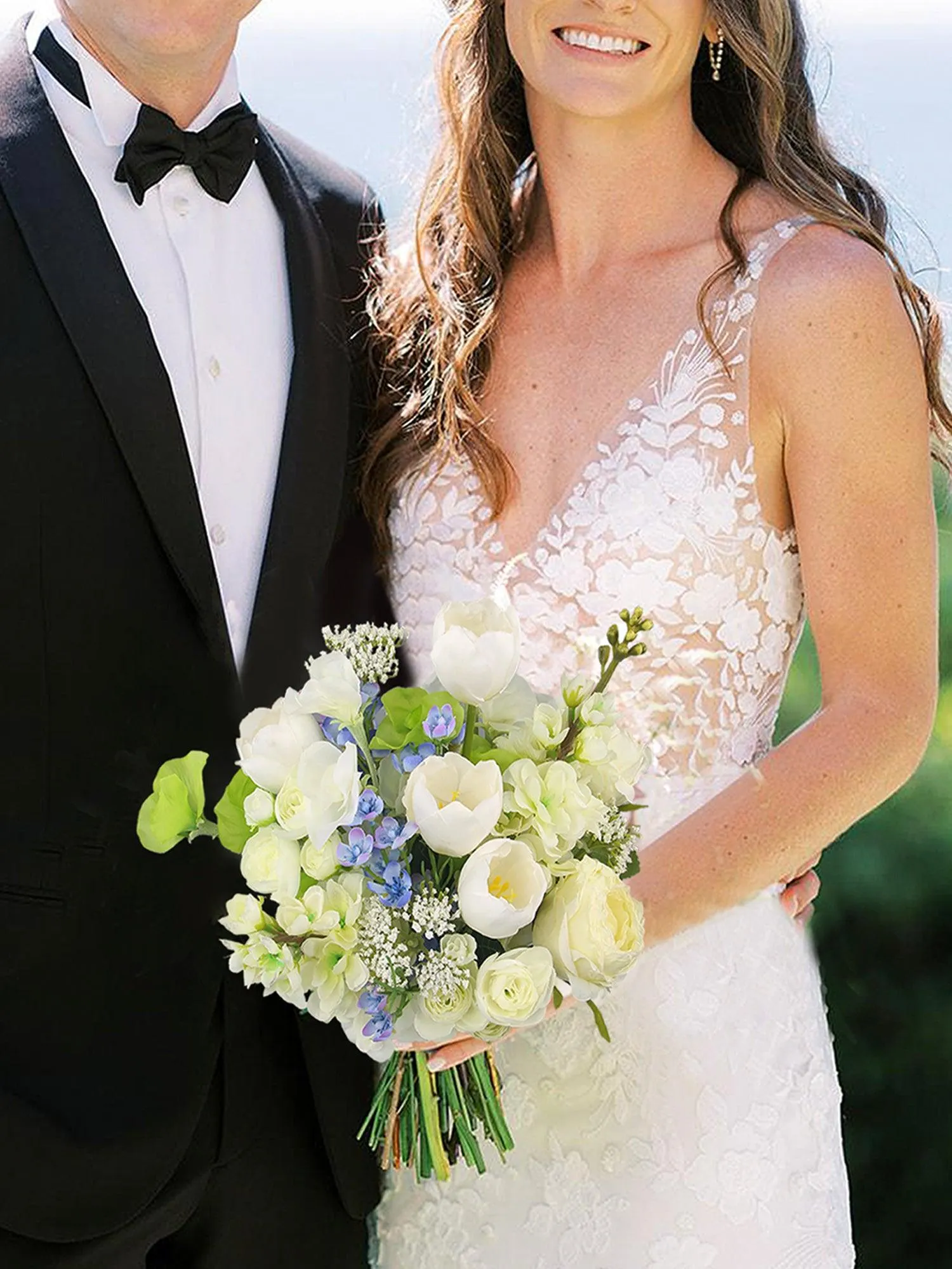 11 inch wide White & Blue Bridal Bouquet