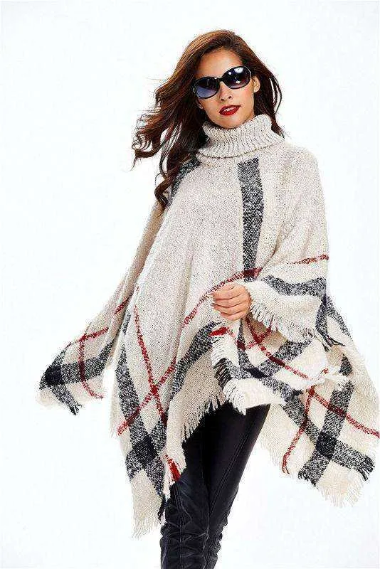 2021 Fashion Women Winter Warm Wool Plaid Knitted Poncho