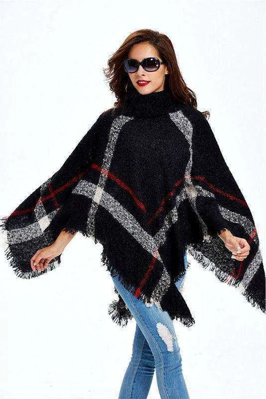 2021 Fashion Women Winter Warm Wool Plaid Knitted Poncho