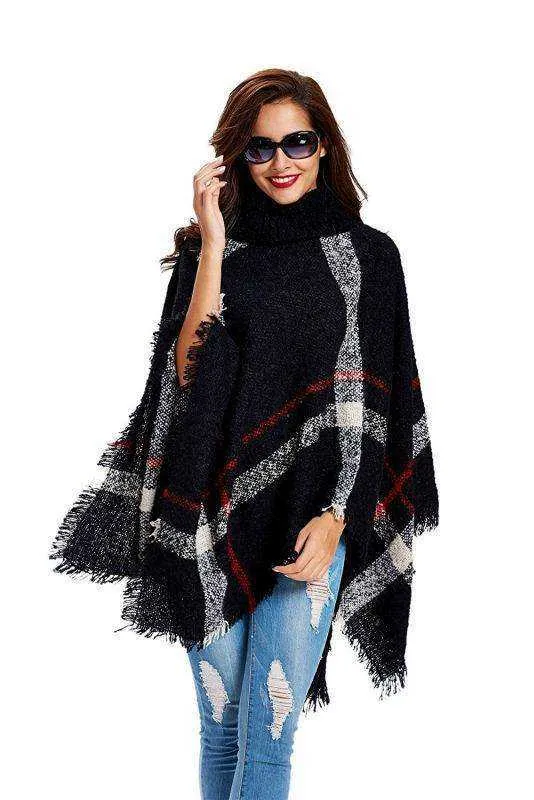 2021 Fashion Women Winter Warm Wool Plaid Knitted Poncho