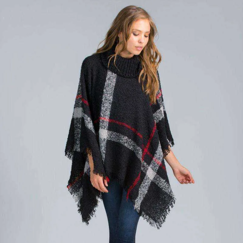 2021 Fashion Women Winter Warm Wool Plaid Knitted Poncho