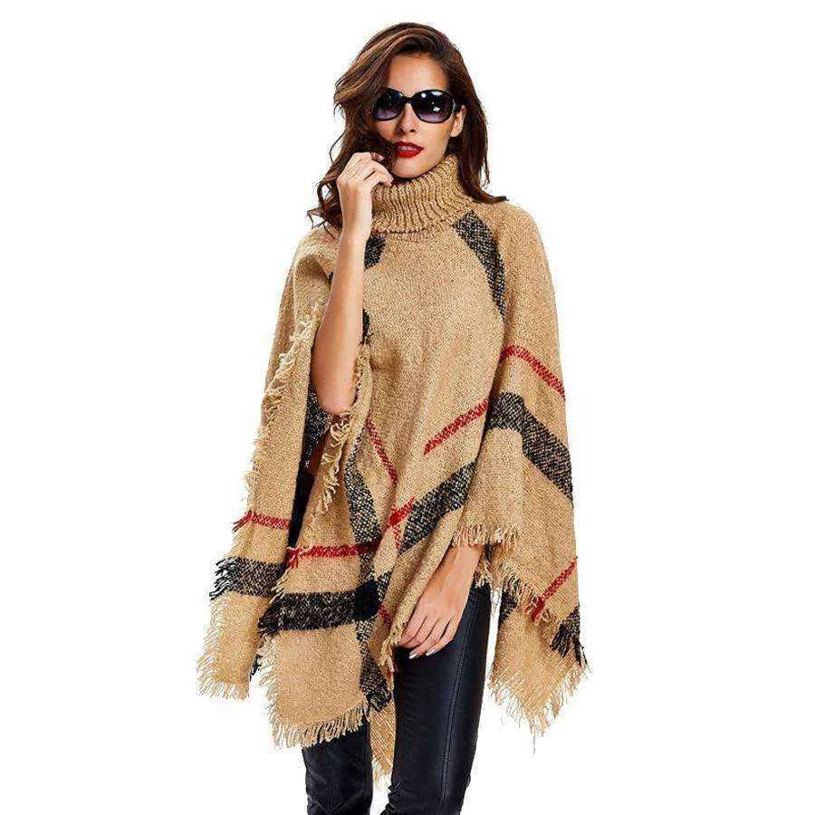 2021 Fashion Women Winter Warm Wool Plaid Knitted Poncho