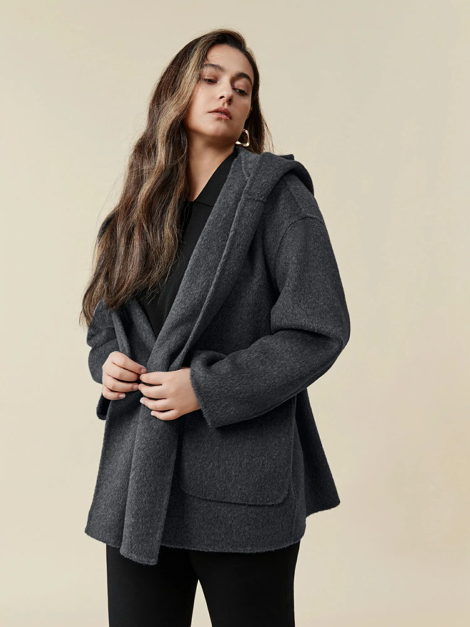Amoretu Women's 70.9% Wool Hooded Long Sleeve Coat