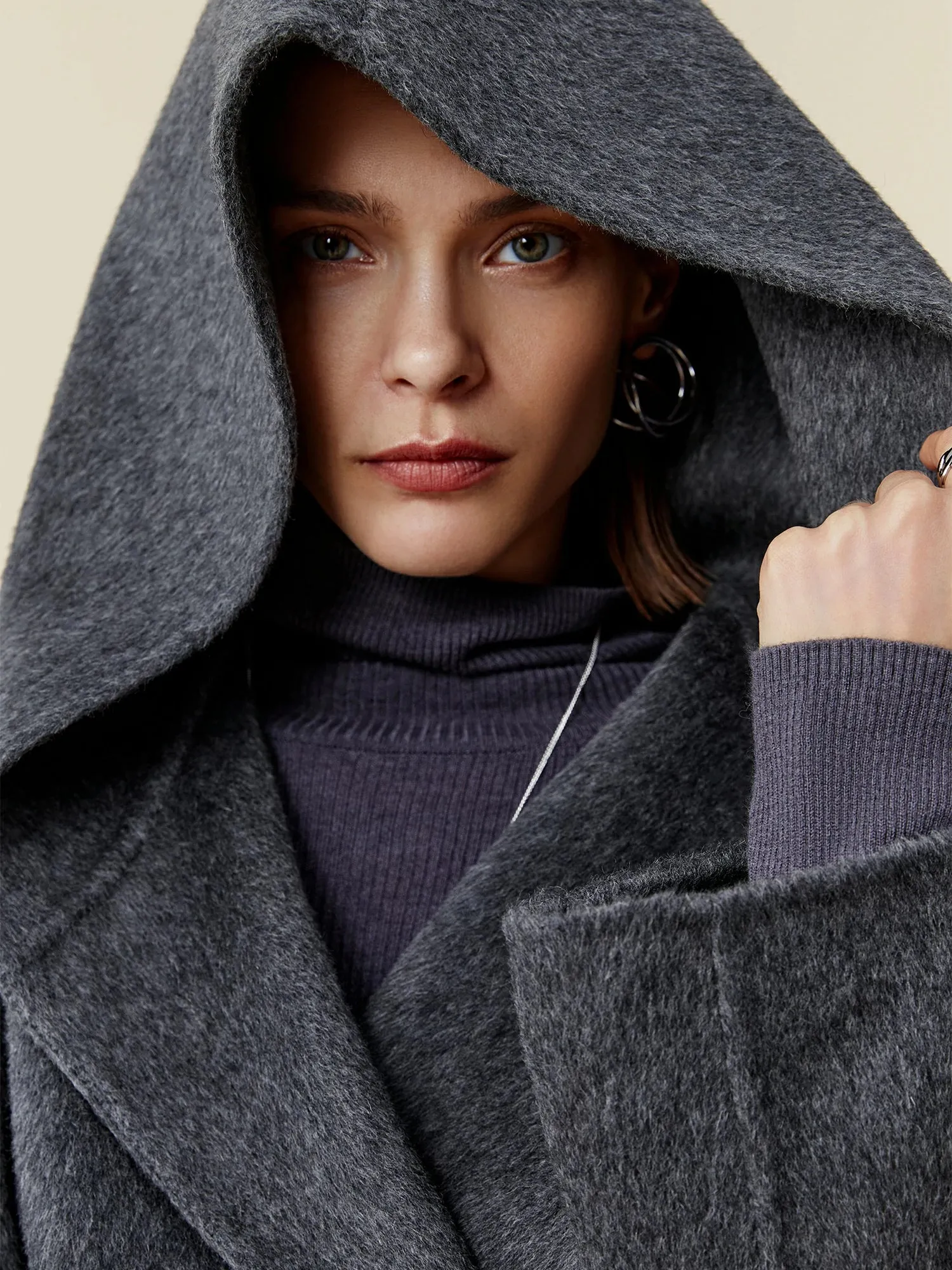 Amoretu Women's 70.9% Wool Hooded Long Sleeve Coat