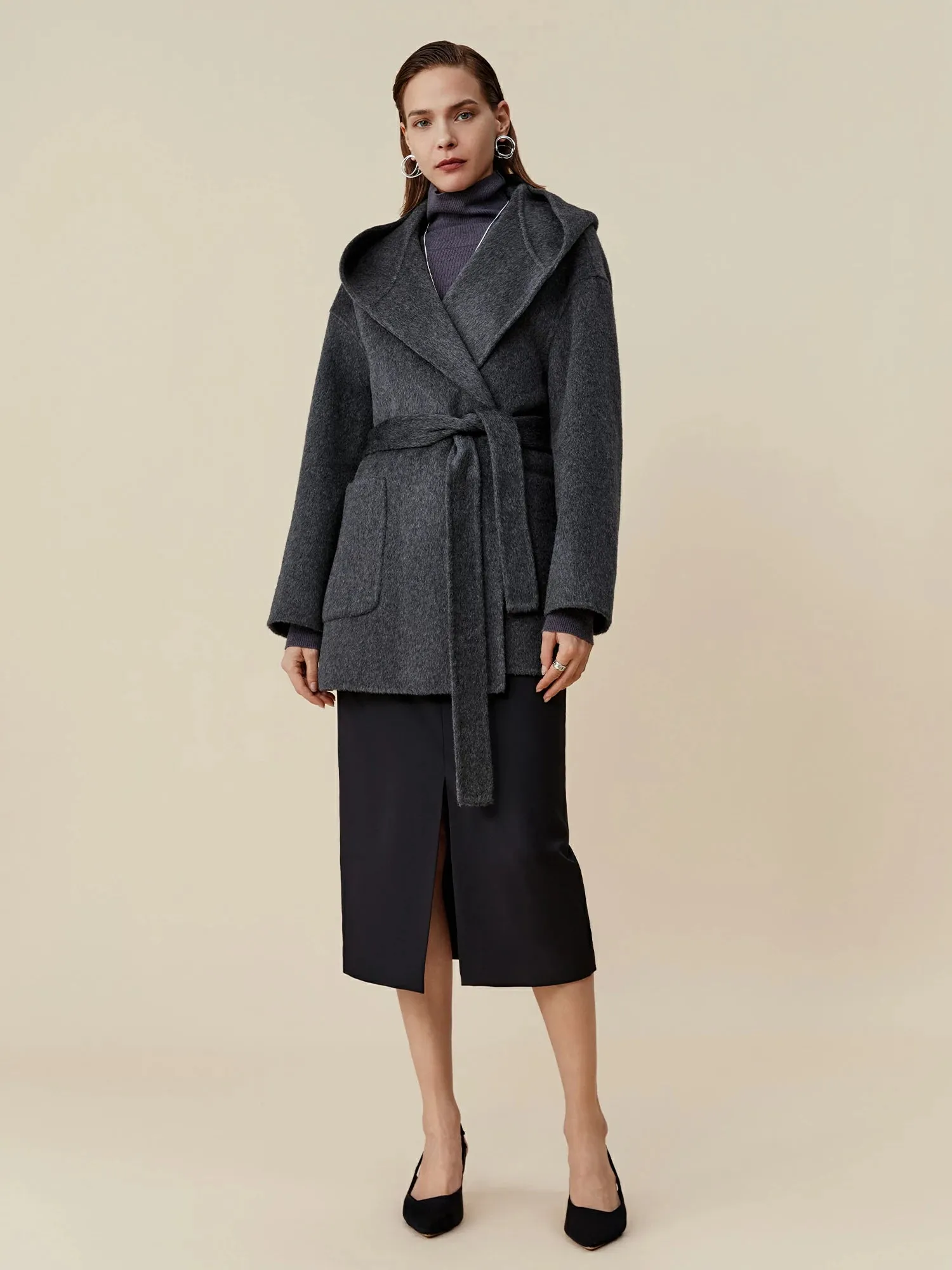 Amoretu Women's 70.9% Wool Hooded Long Sleeve Coat