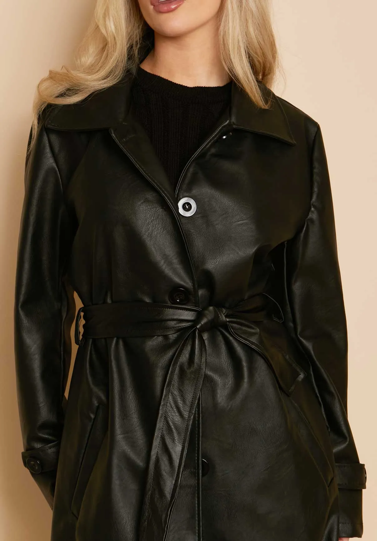 Bella Black PU Trench Coat