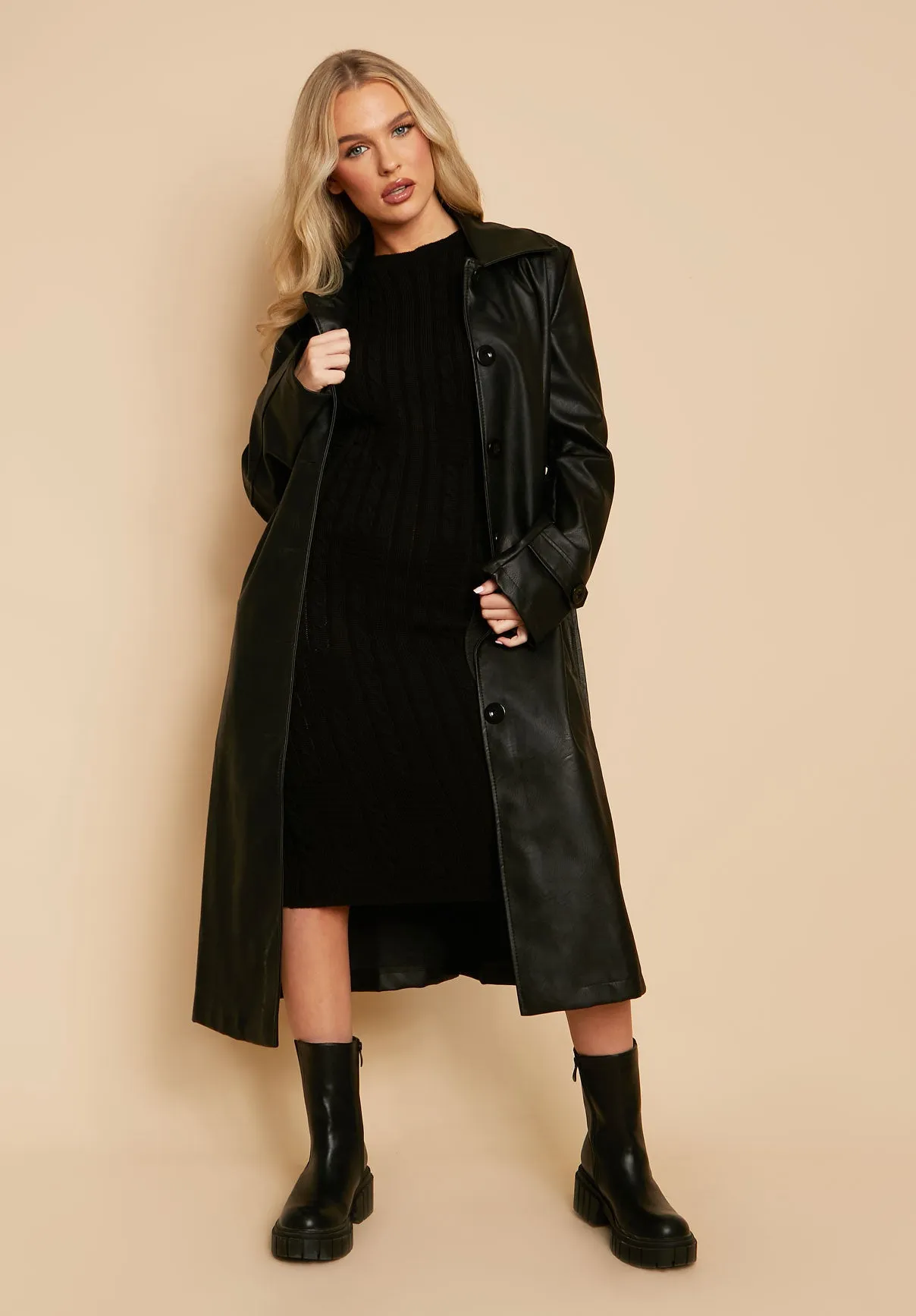 Bella Black PU Trench Coat