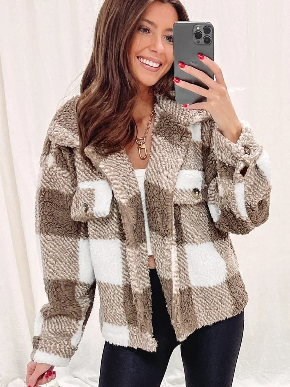 Casual Checkered Sherpa Coat