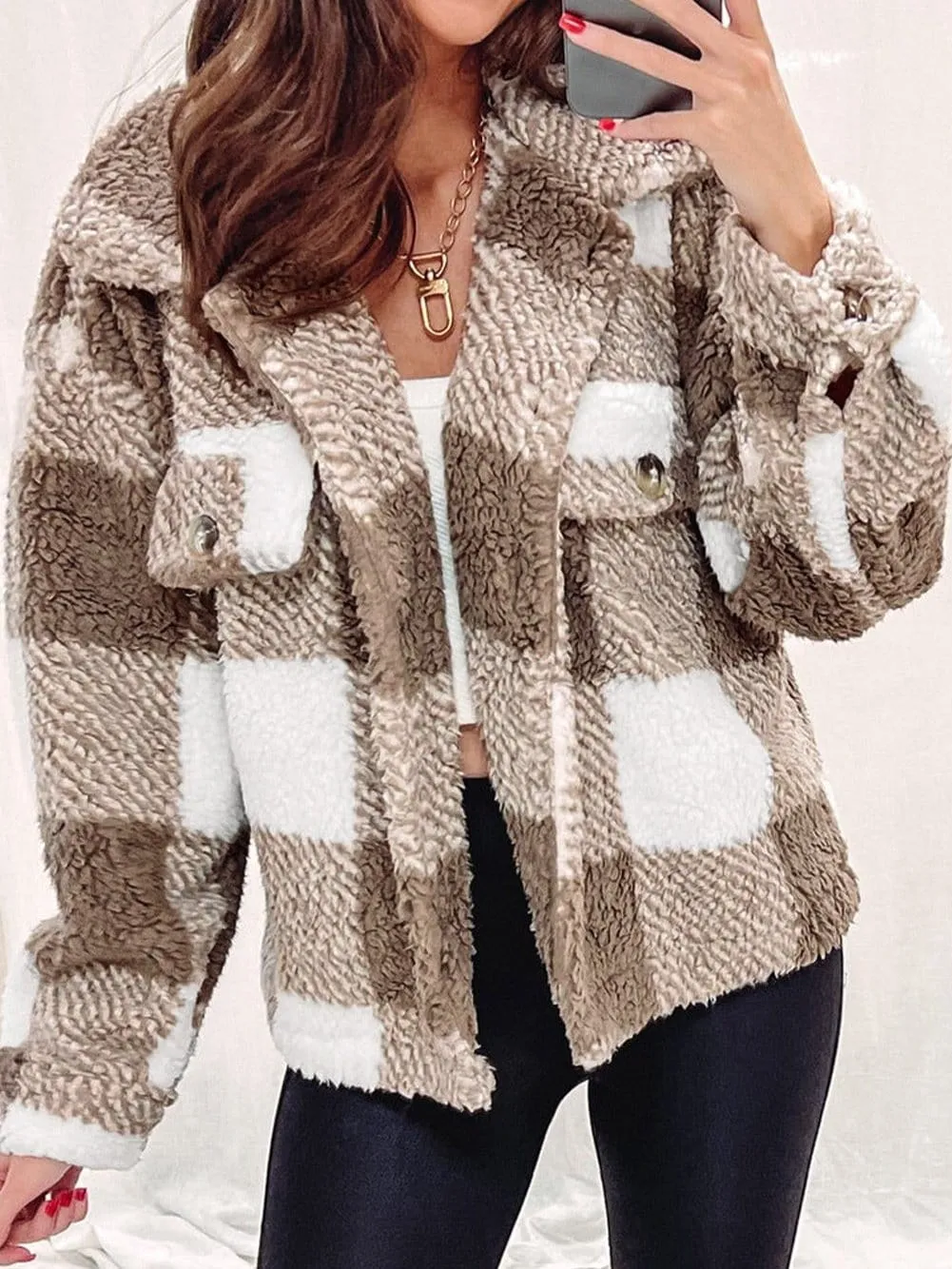 Casual Checkered Sherpa Coat