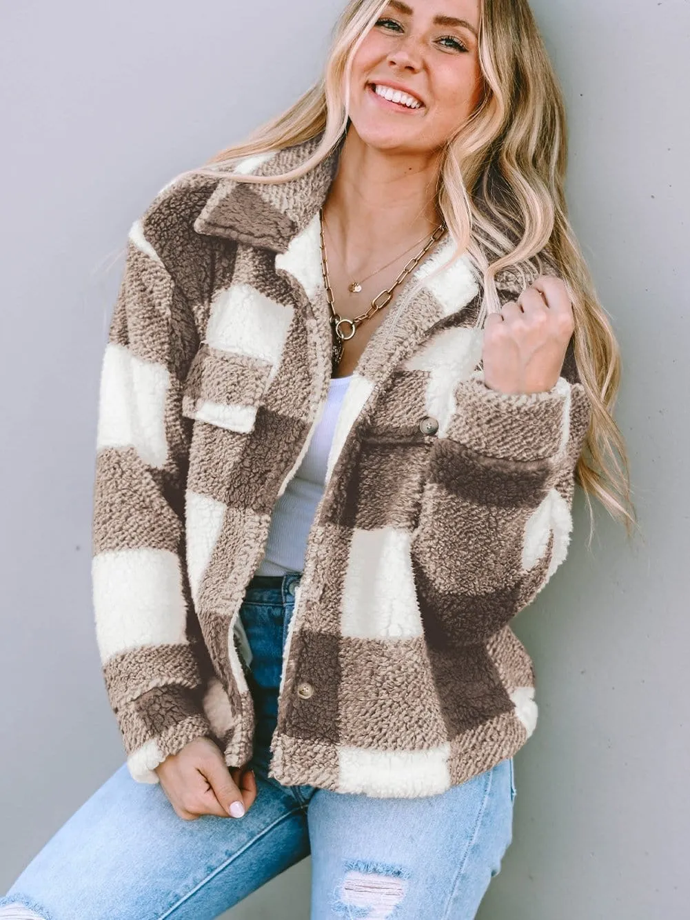 Casual Checkered Sherpa Coat