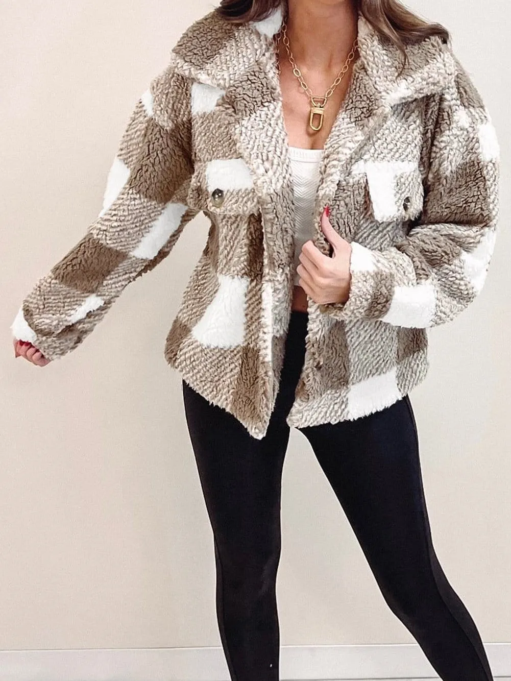 Casual Checkered Sherpa Coat