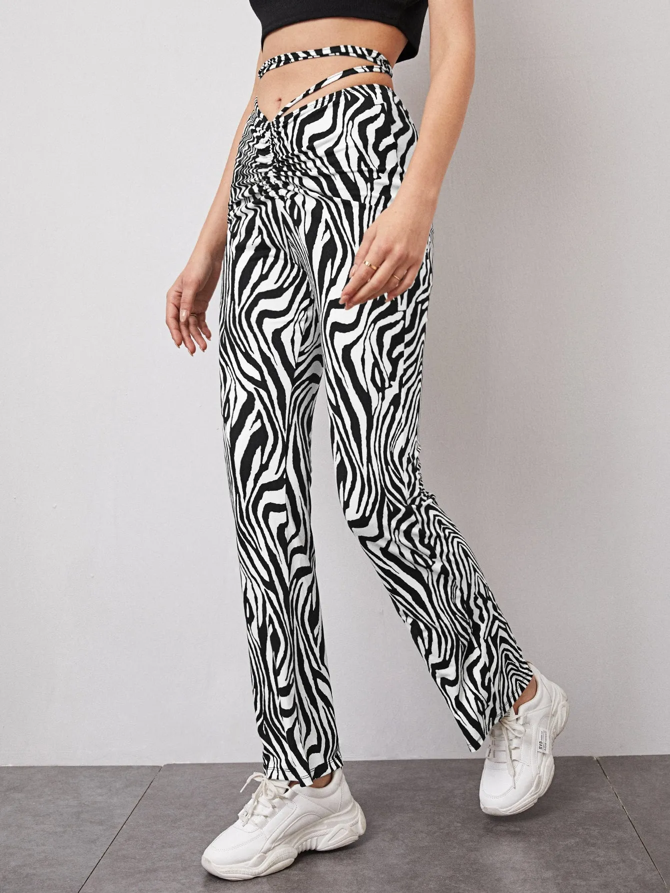 Casual Zebra Stripe Tie Back Natural Long Women Pants