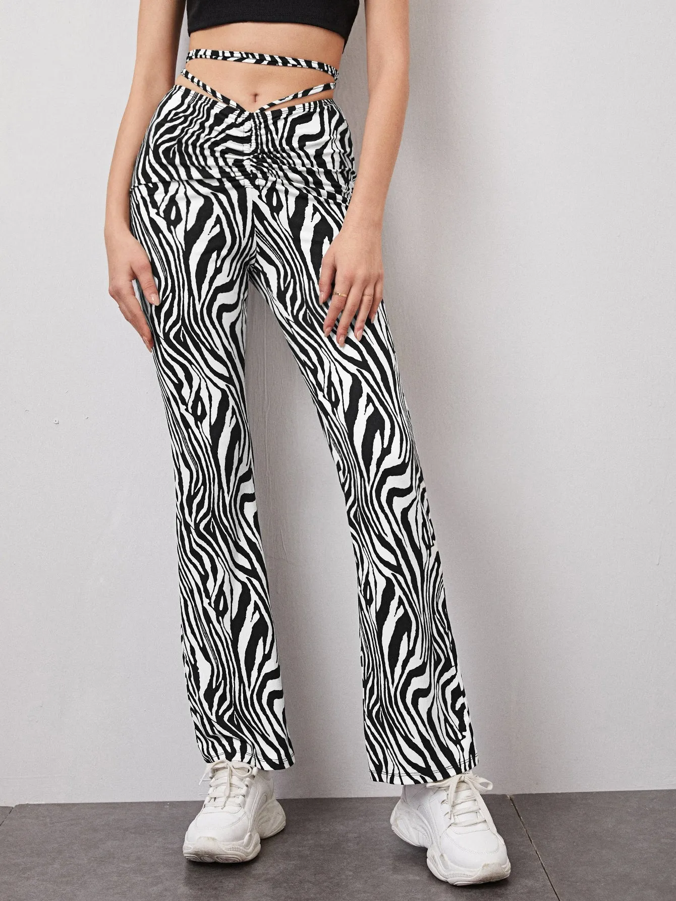 Casual Zebra Stripe Tie Back Natural Long Women Pants