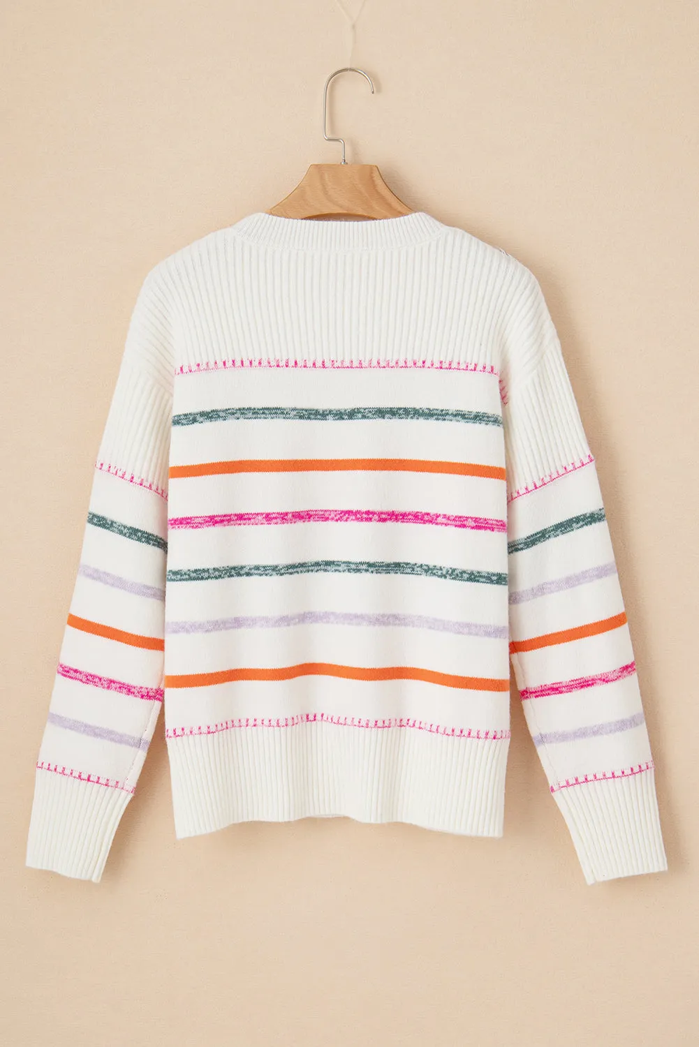 Colorful Striped Ribbed Trim Sweater