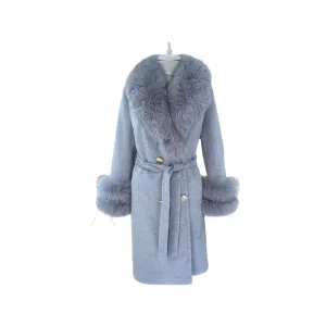 Copy of Women's GREY Wool Coat with detachable Fox Collar and Cuffs  Trimmed Hood Style # K-10