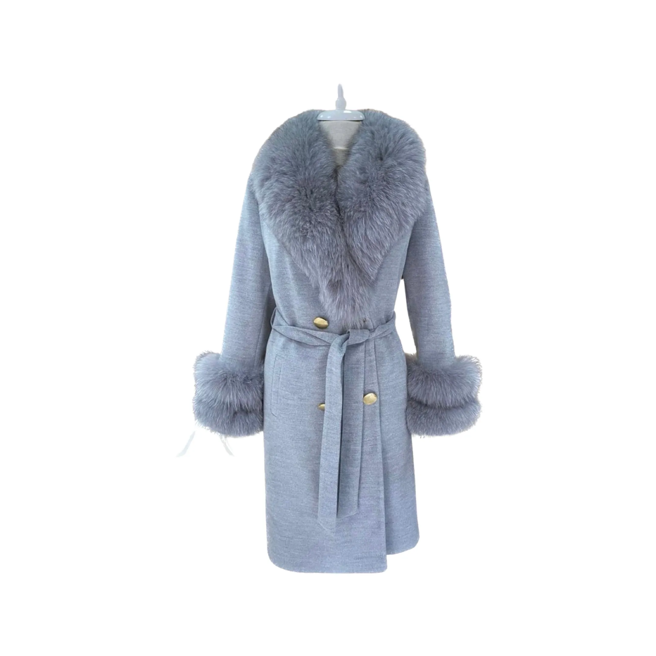 Copy of Women's GREY Wool Coat with detachable Fox Collar and Cuffs  Trimmed Hood Style # K-10