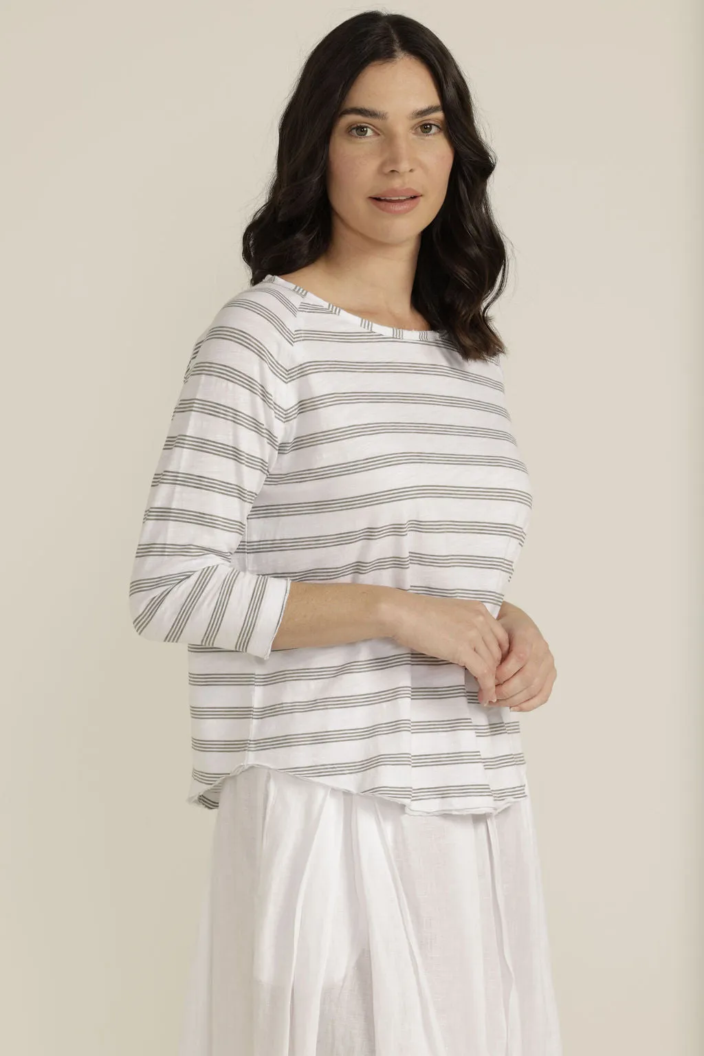 Cotton Stripe 3/4 Sleeve Tee White/Sage