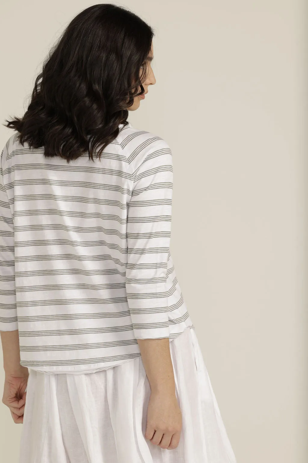Cotton Stripe 3/4 Sleeve Tee White/Sage
