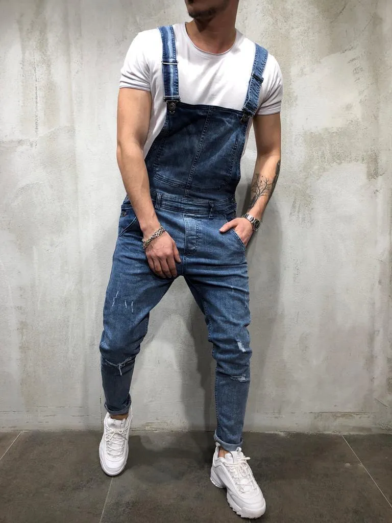 Distressed Denim Bib Overall - Blue