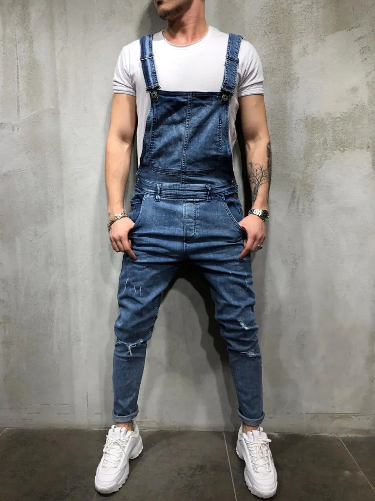 Distressed Denim Bib Overall - Blue