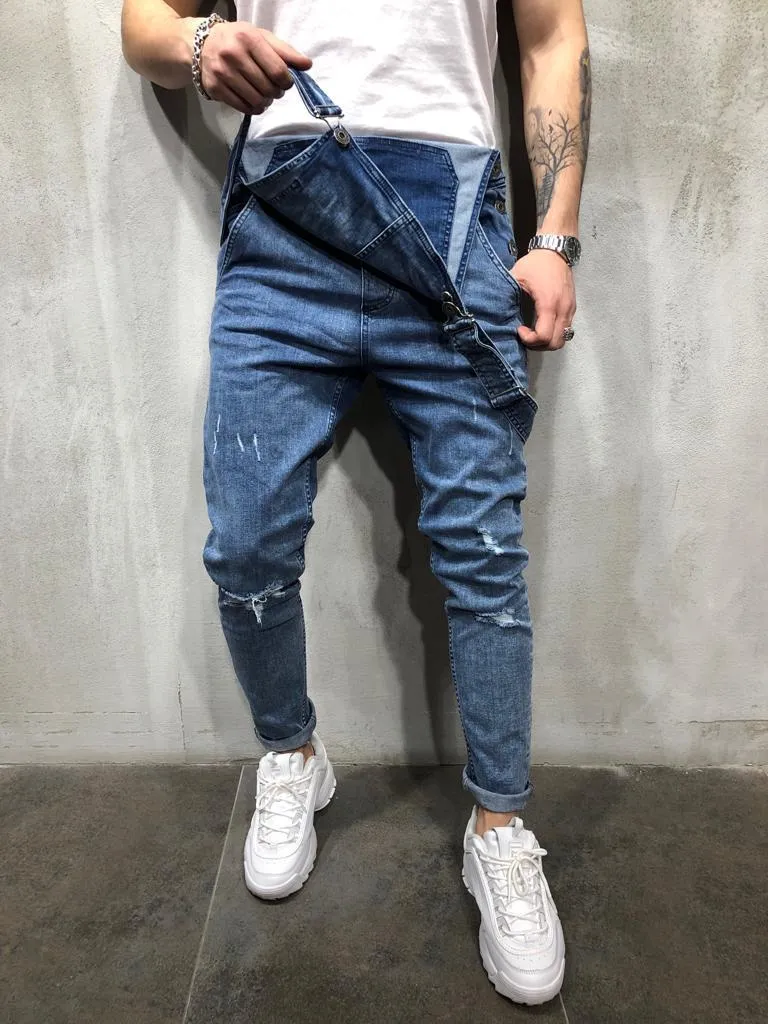 Distressed Denim Bib Overall - Blue