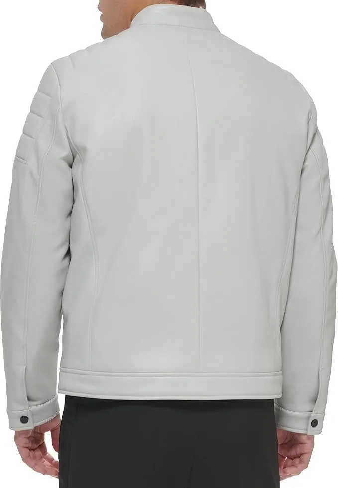 DKNY Mens Mixed Media Quilted Racer Jacket Ice White 2XL XXL
