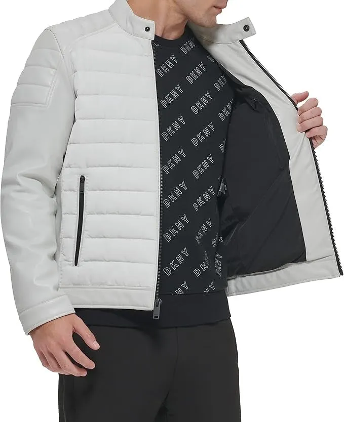 DKNY Mens Mixed Media Quilted Racer Jacket Ice White 2XL XXL