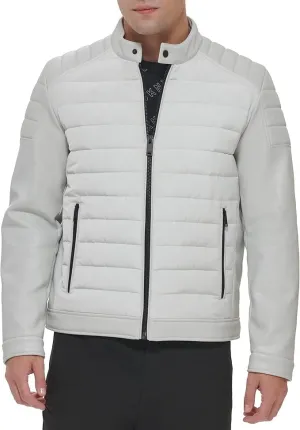 DKNY Mens Mixed Media Quilted Racer Jacket Ice White 2XL XXL