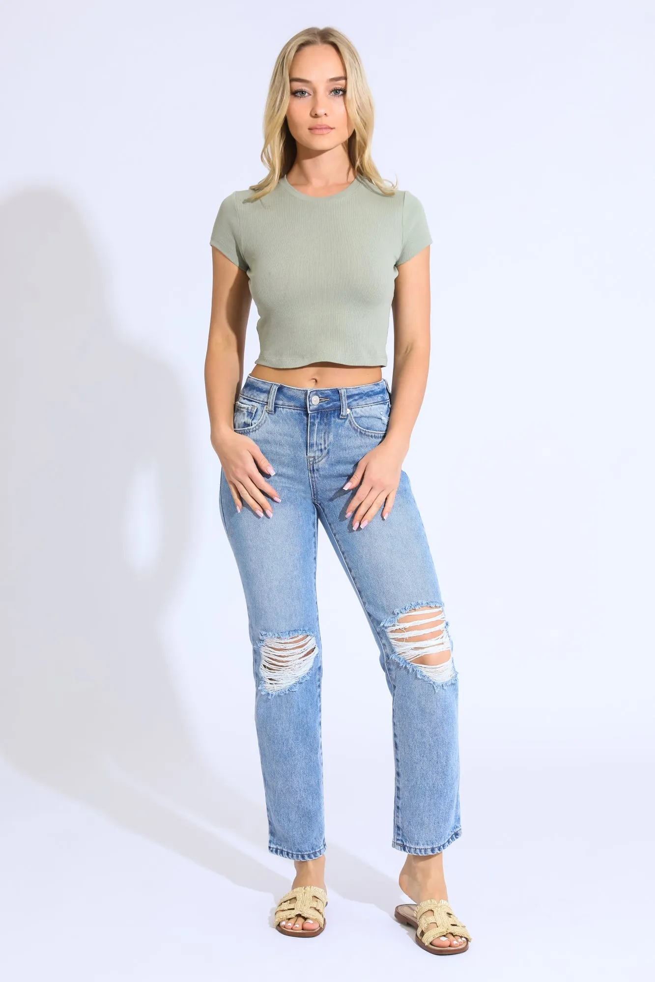 Essential Ribbed Crop Tee - Dusty Sage