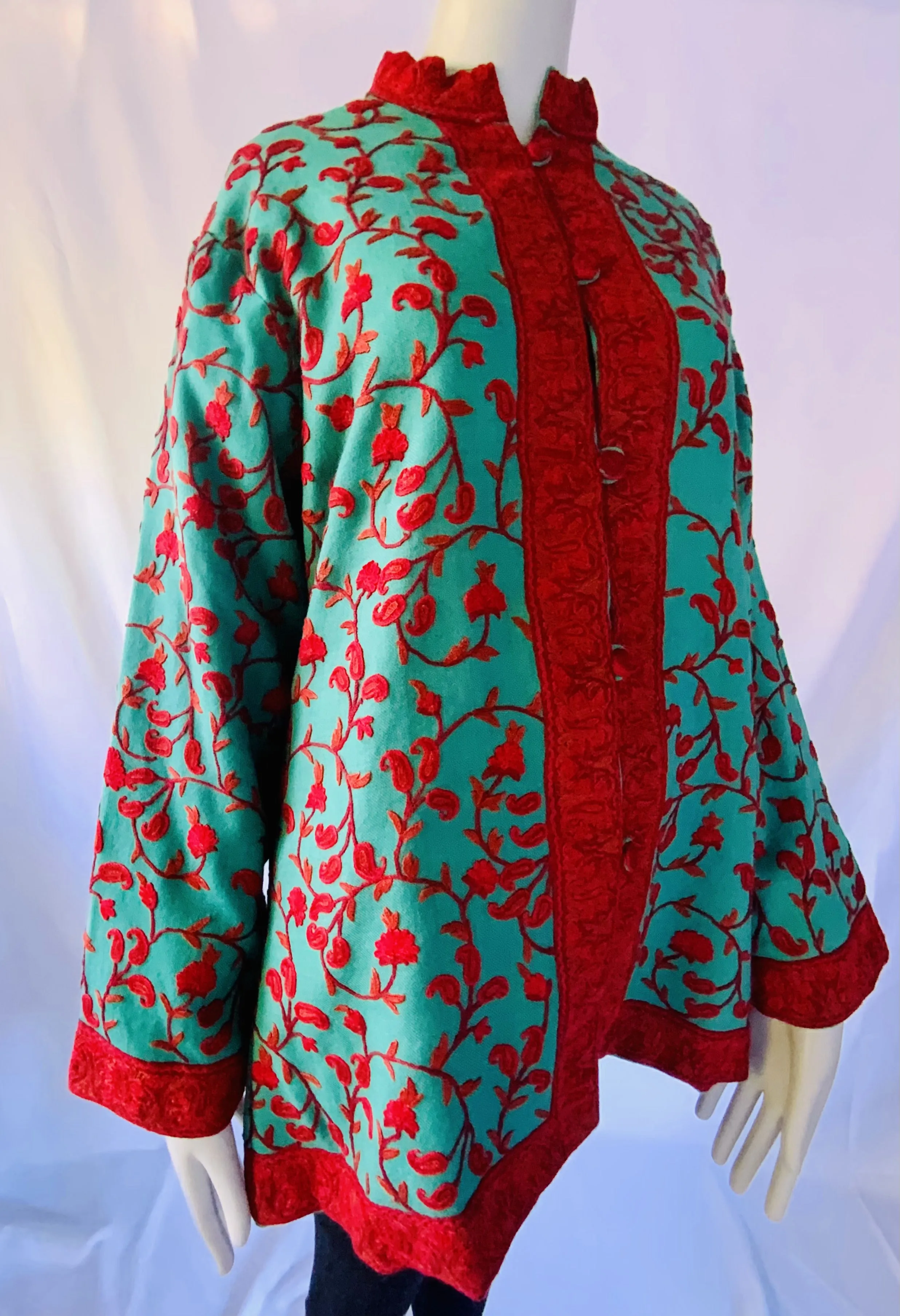 Hand Embroidered Short Jacket -  Turquoise and Red