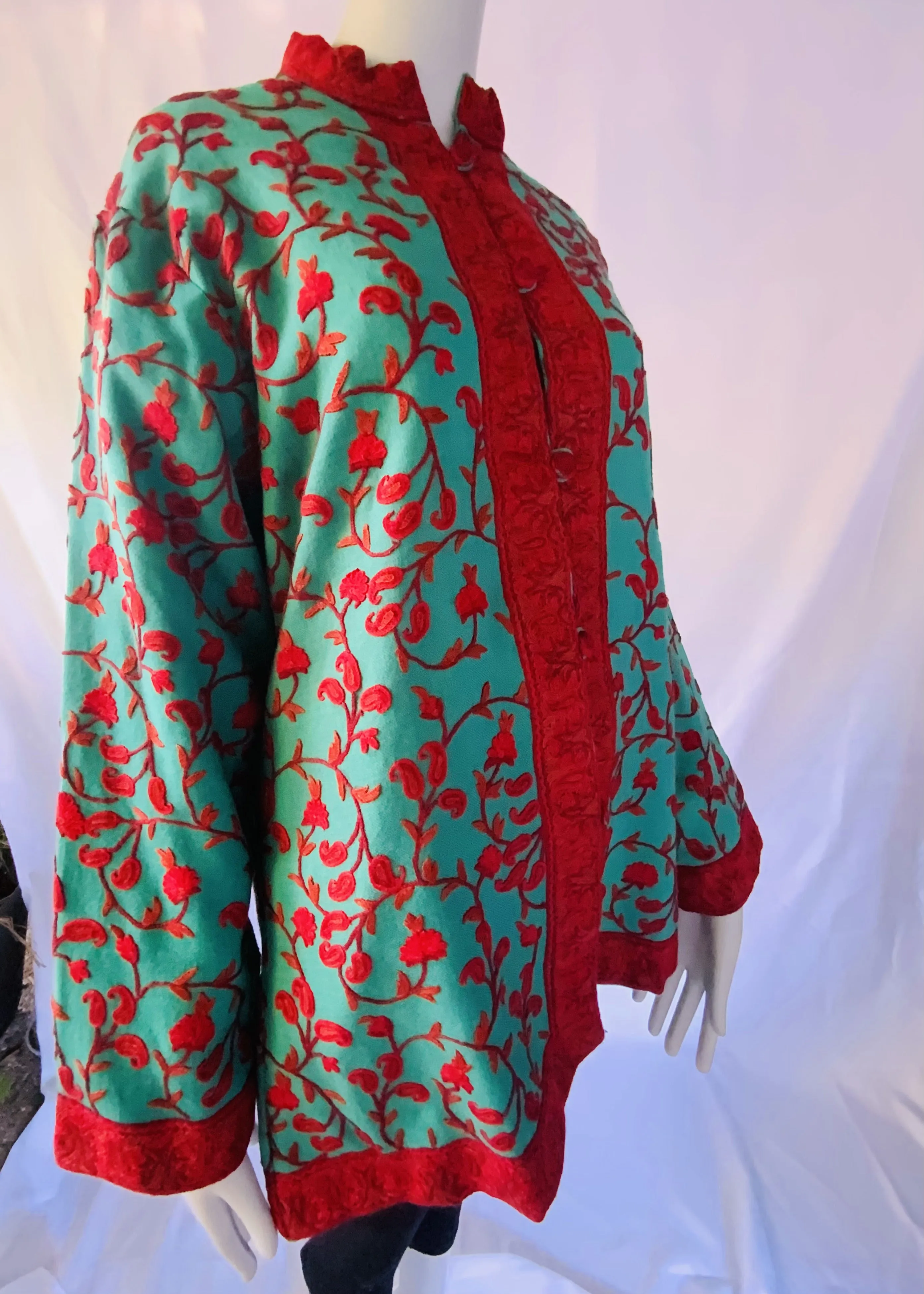 Hand Embroidered Short Jacket -  Turquoise and Red