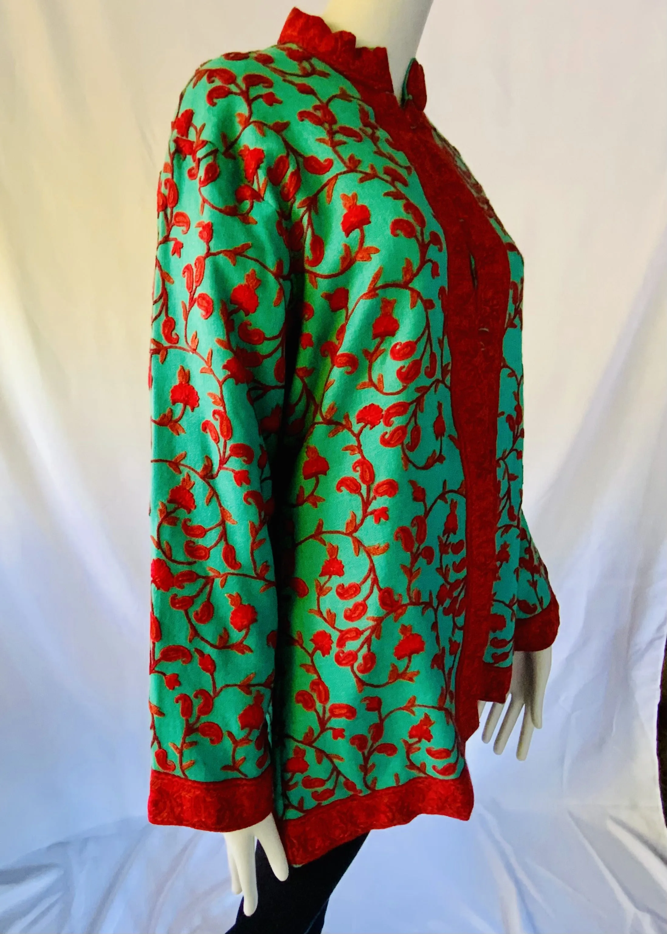 Hand Embroidered Short Jacket -  Turquoise and Red