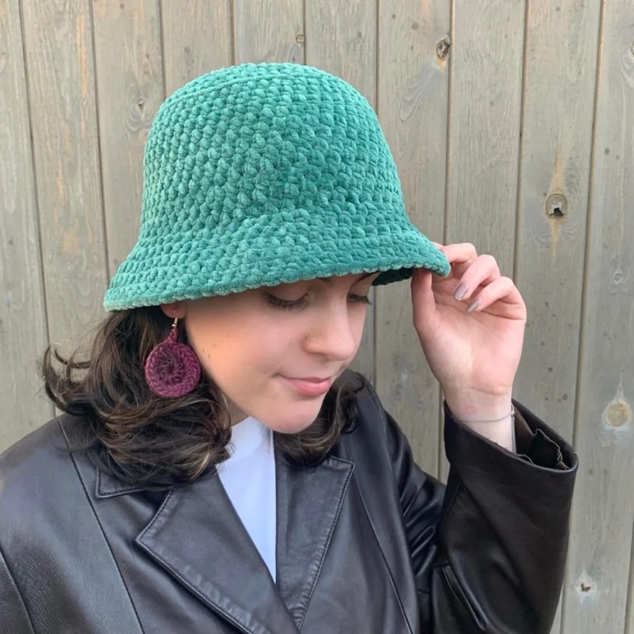 Handmade crushed velvet crochet bucket hat in sage green