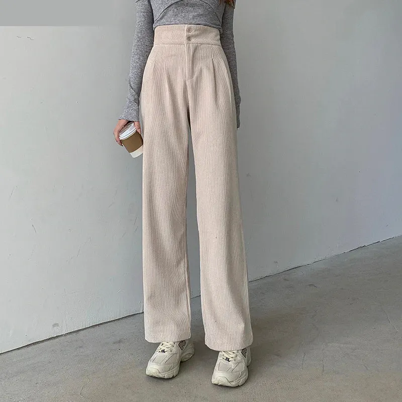 High Waist Double Button Long Casual Corduroy Pants