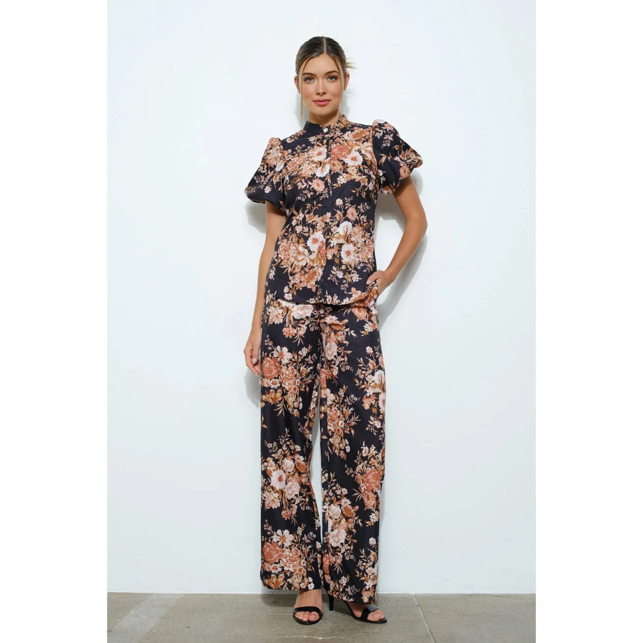 High Waist Floral Print Wide Pants with Belt