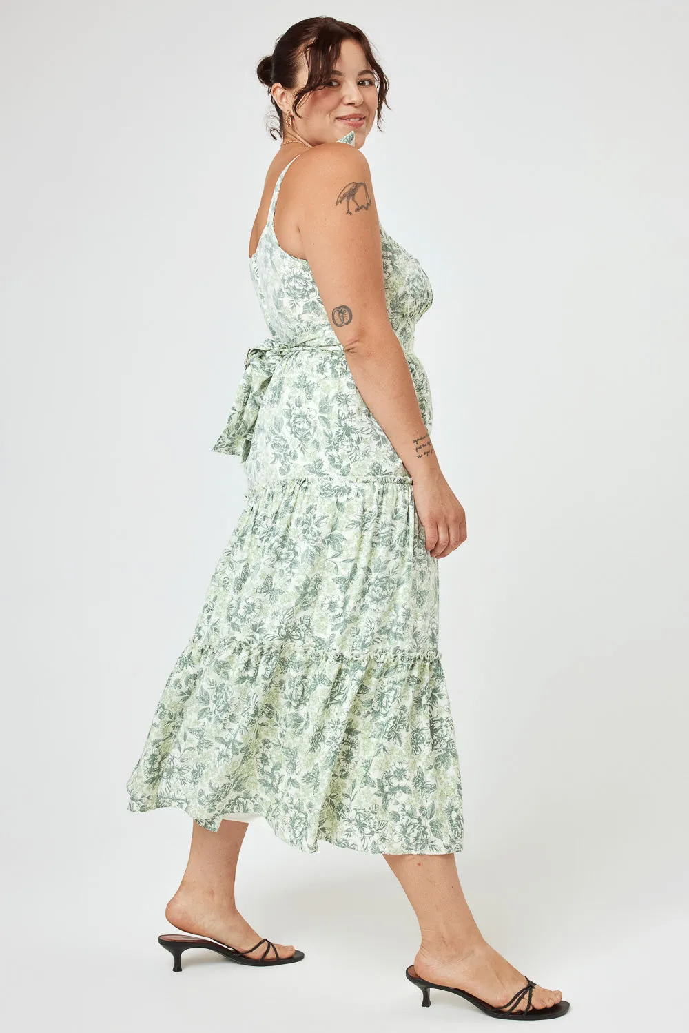 Ivory Sage Floral Ruffle Midi Dress