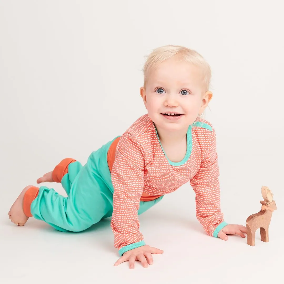 Long-sleeve baby body "Dotted Lines Coral/Mint"