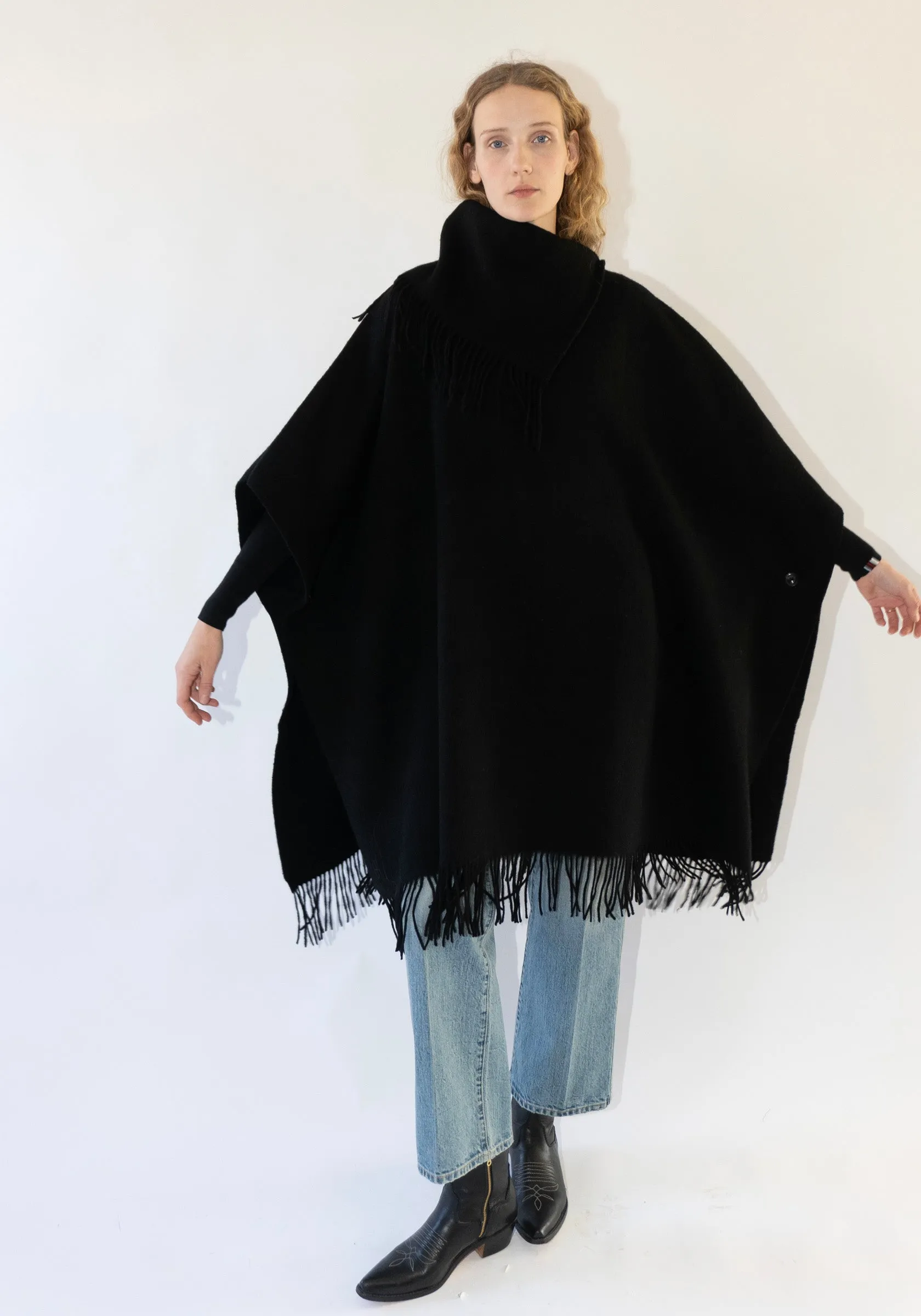 Long Turtlo Fringe Poncho in Black