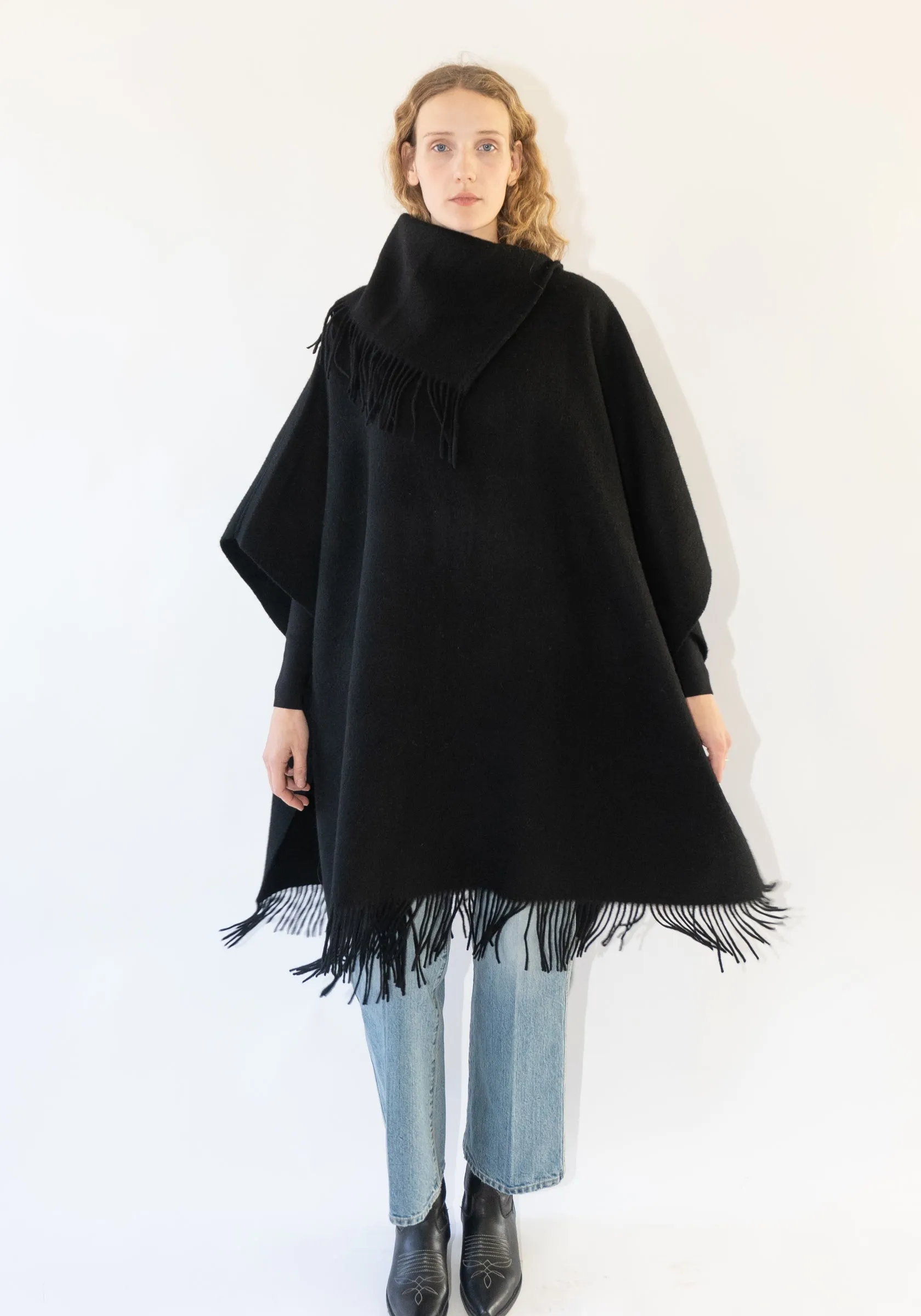 Long Turtlo Fringe Poncho in Black