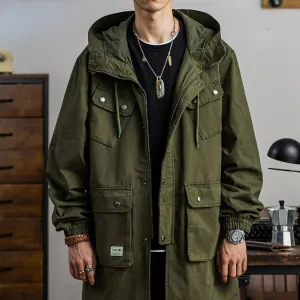 Men's Retro Long Trench Coat Over The Knee Multi-pocket Hooded Coat
