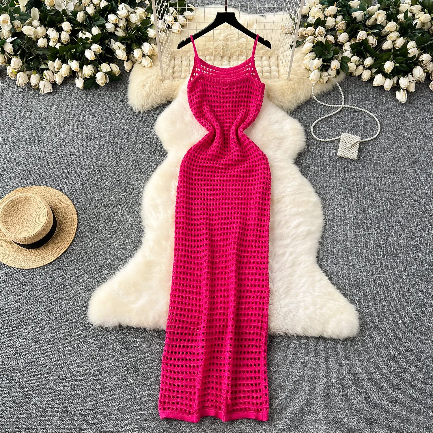 Plaid Hollowed Knitted Slip Dress