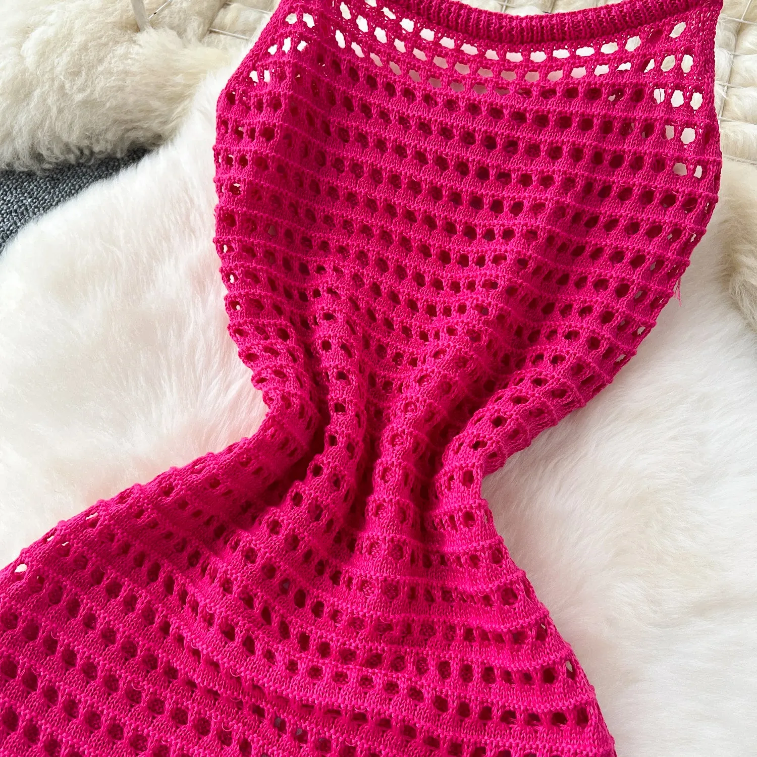Plaid Hollowed Knitted Slip Dress