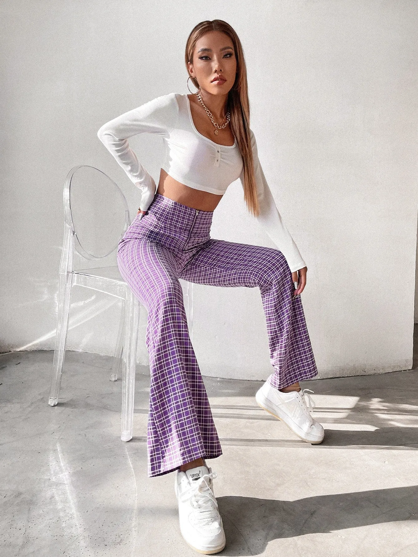 Preppy Plaid Zipper High Waist Long Women Pants