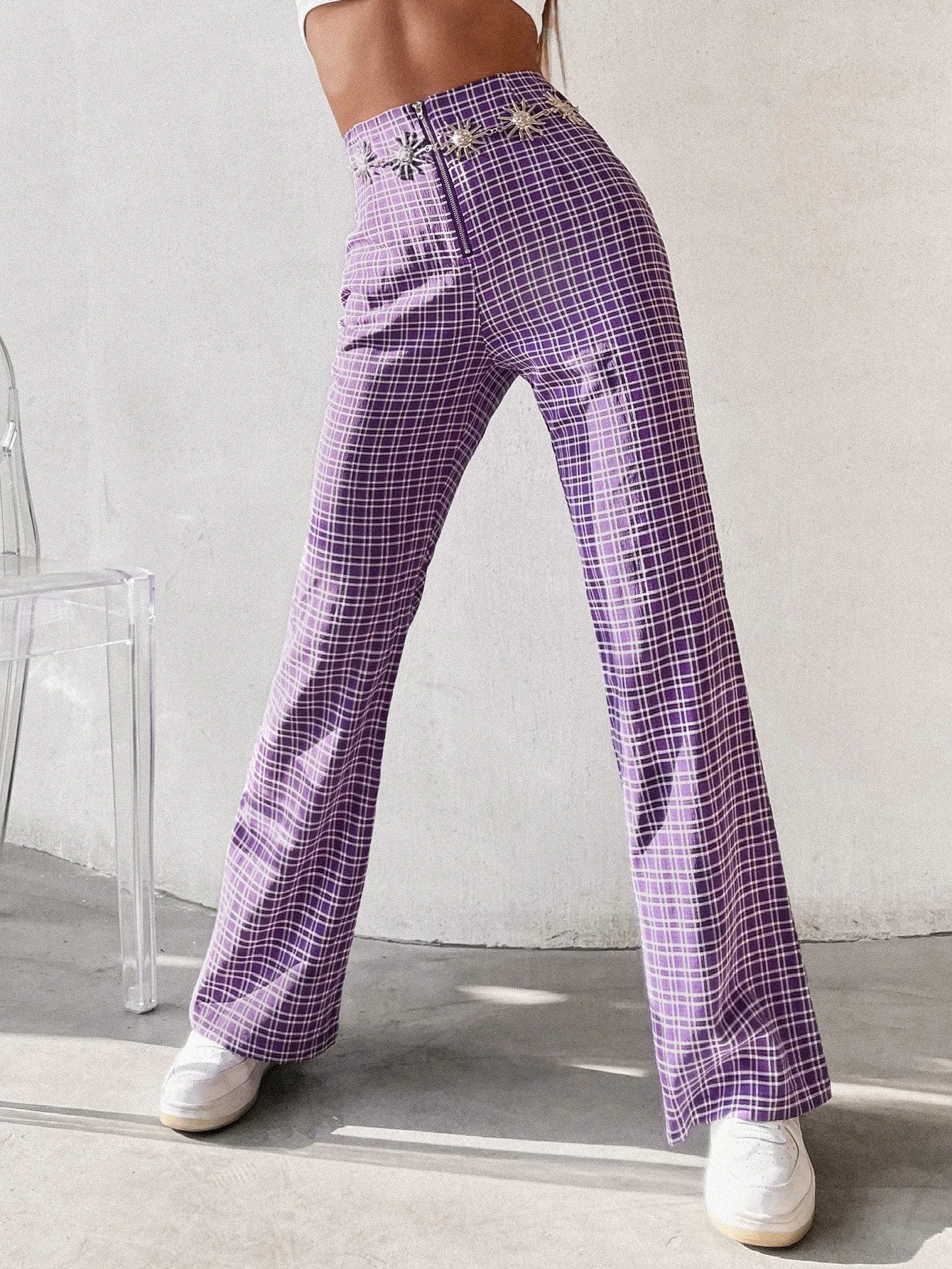 Preppy Plaid Zipper High Waist Long Women Pants