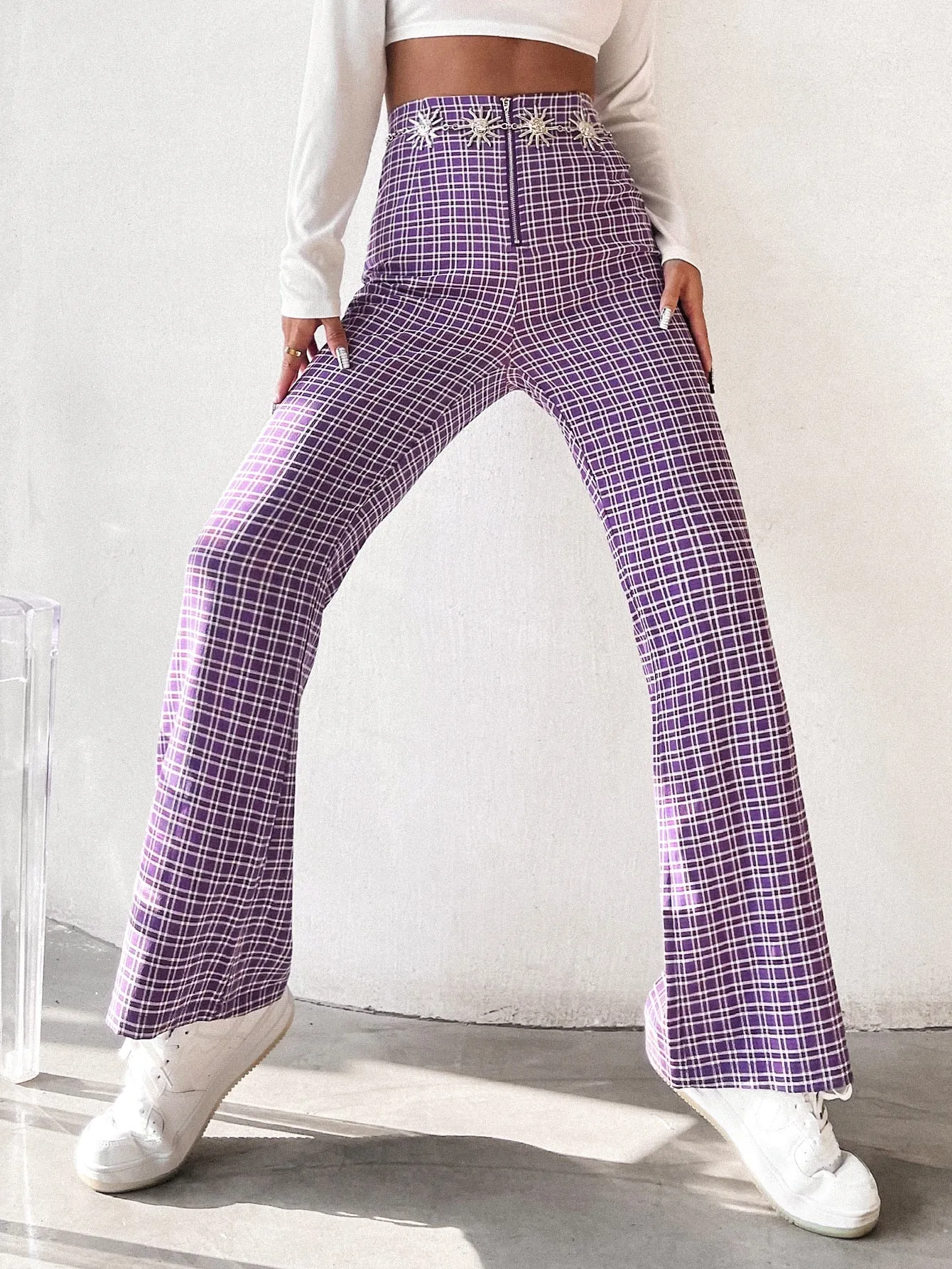 Preppy Plaid Zipper High Waist Long Women Pants