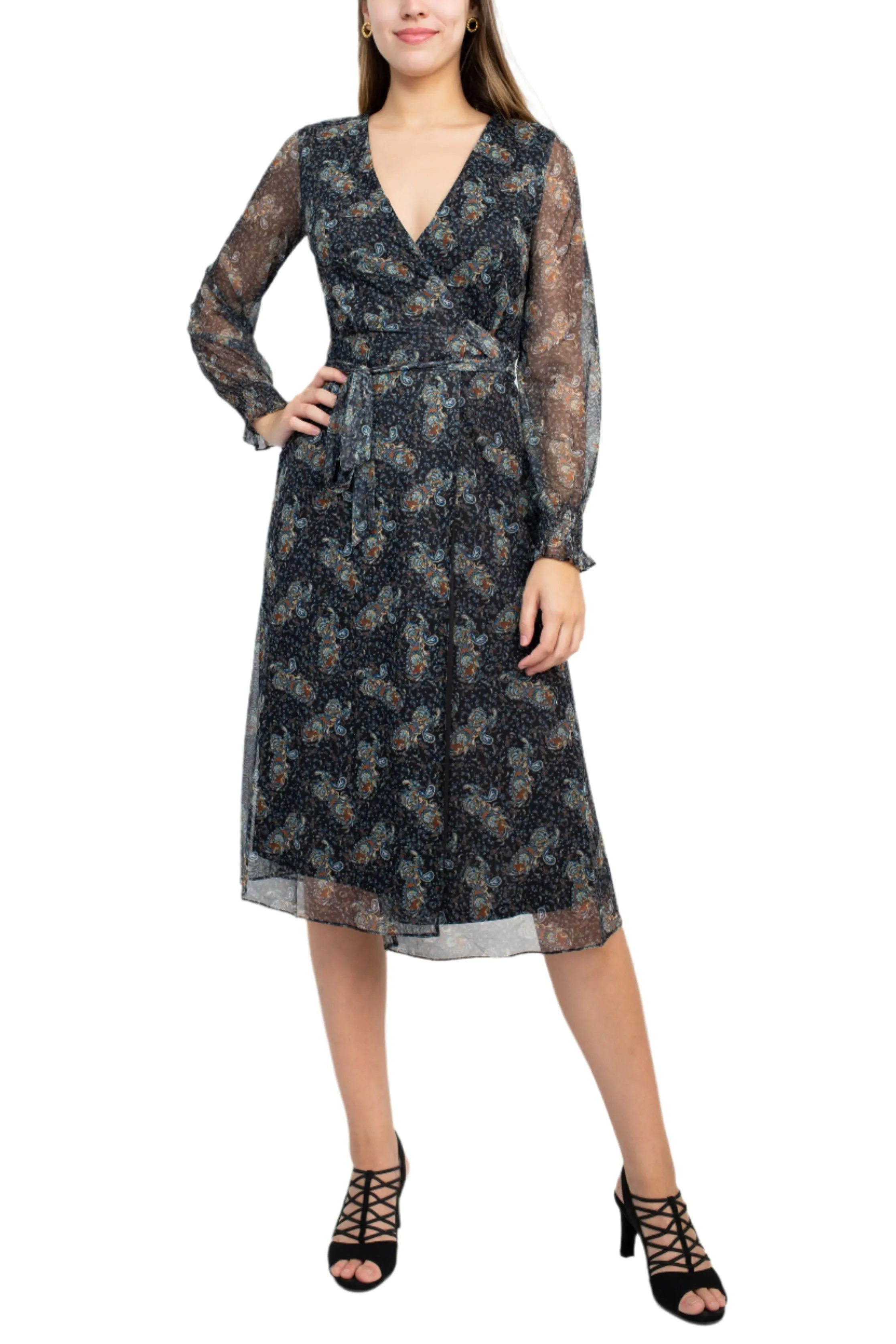 Sage Collective V-Neck Long Sleeve Tie Waist Paisley Print Power Mesh Dress