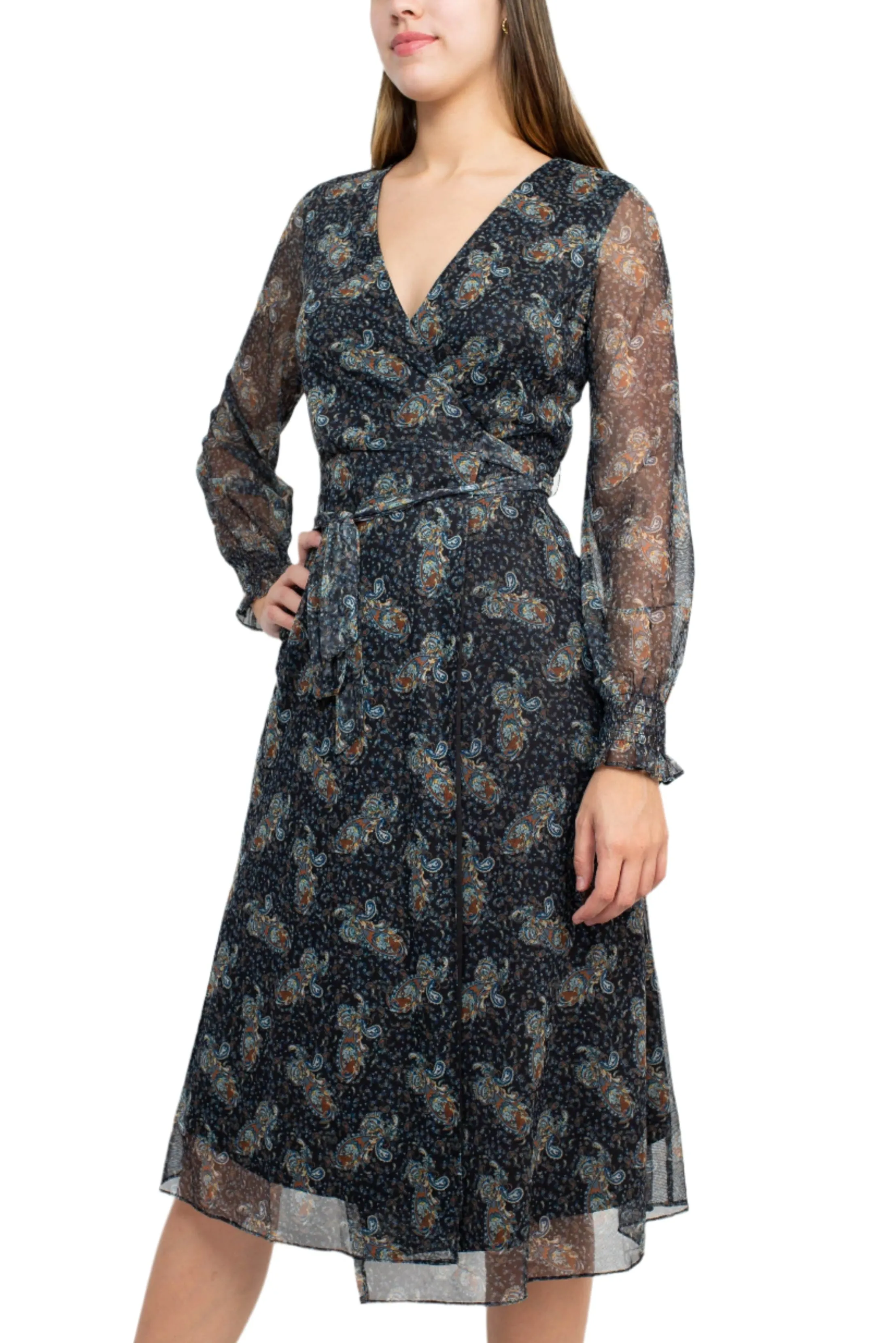 Sage Collective V-Neck Long Sleeve Tie Waist Paisley Print Power Mesh Dress