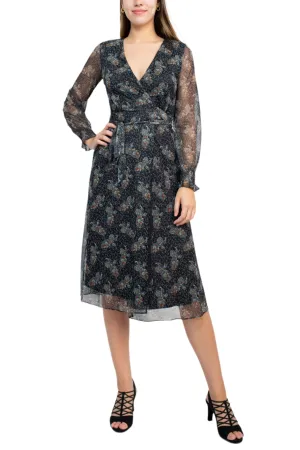 Sage Collective V-Neck Long Sleeve Tie Waist Paisley Print Power Mesh Dress