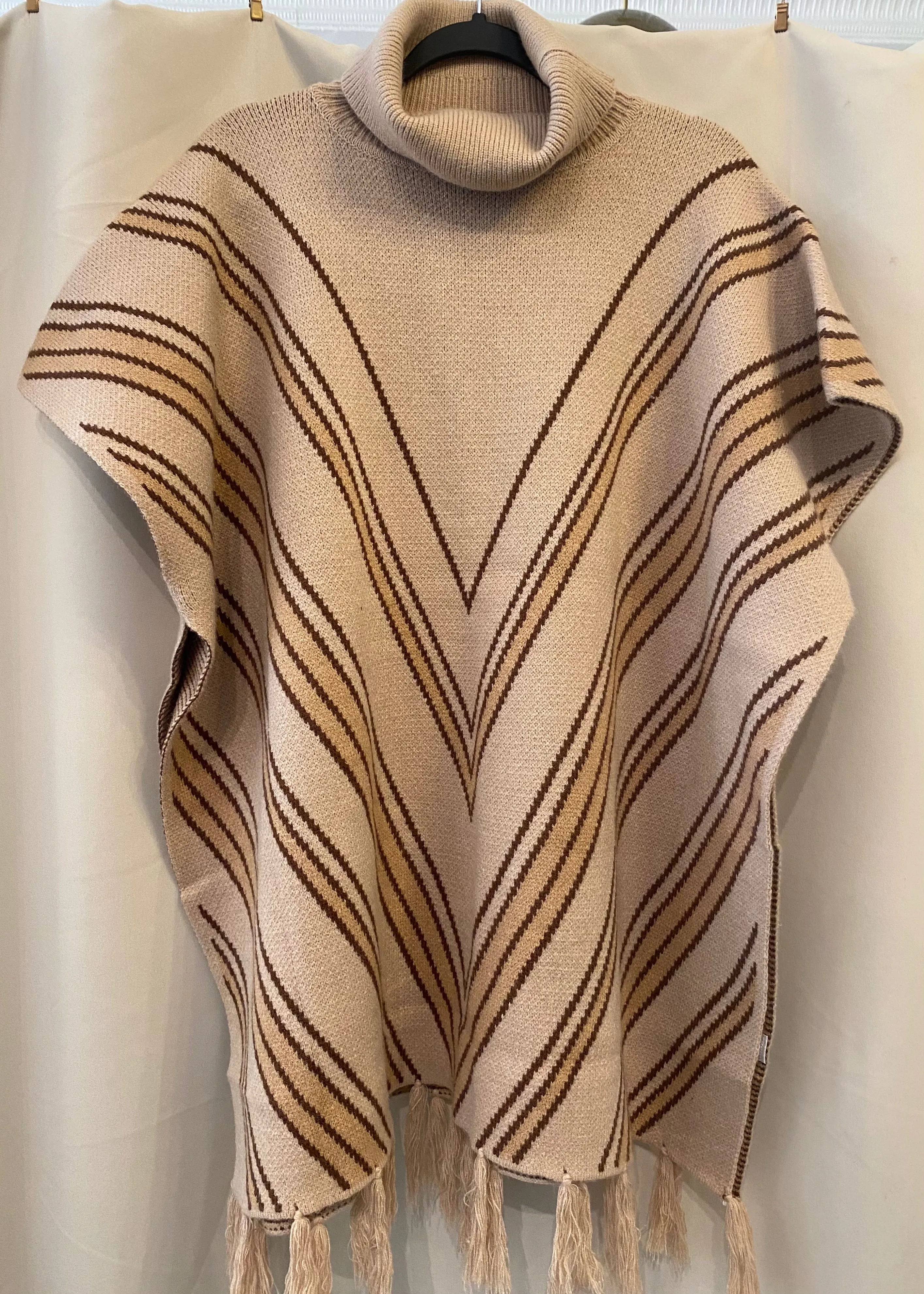 Striped Turtleneck Tassel Detail Poncho